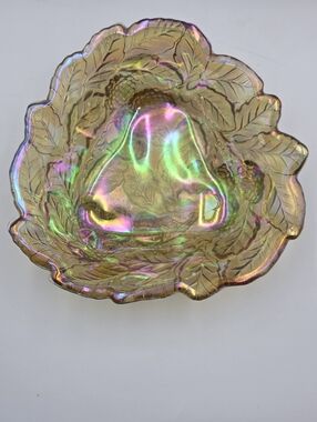 VTG Indiana Iridescent Amber Carnival Glass Loganberry‎ Leaf Candy Dish Bowl 7”